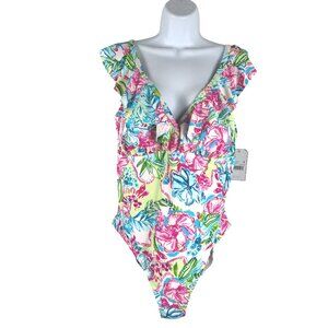 Stella Parker Ruffle One Piece Swimsuit 18W Floral Multicolored NWT SW-2062‎